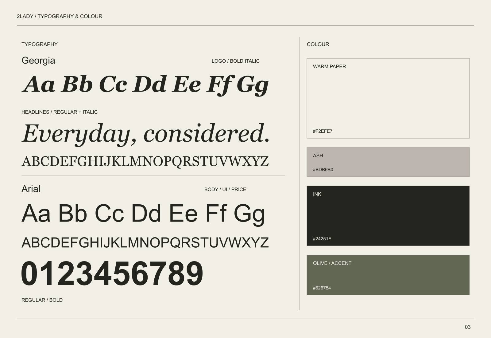 Georgia and Arial font specimens with the 2lady palette
