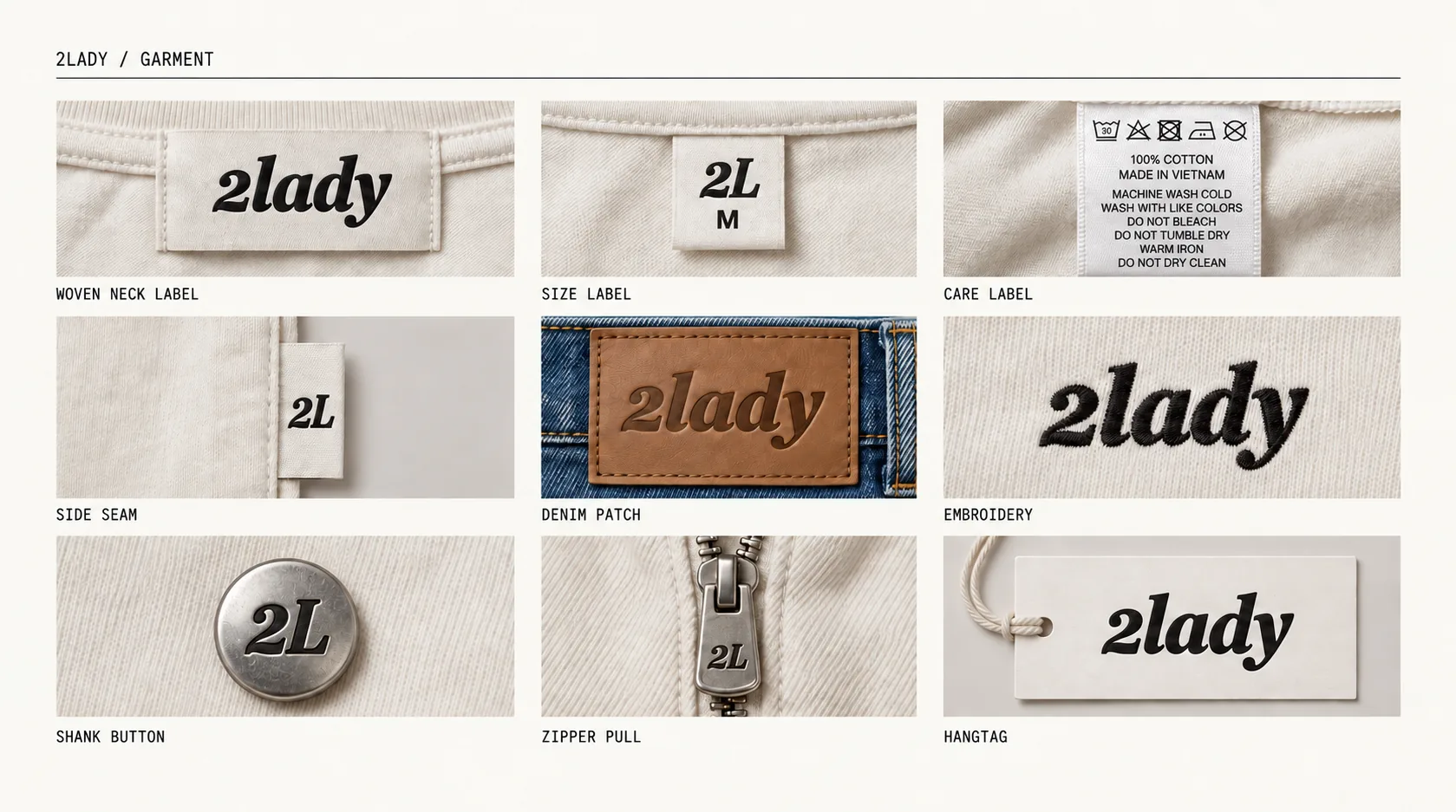 2lady garment applications with 2L details and a cotton care label made in Vietnam
