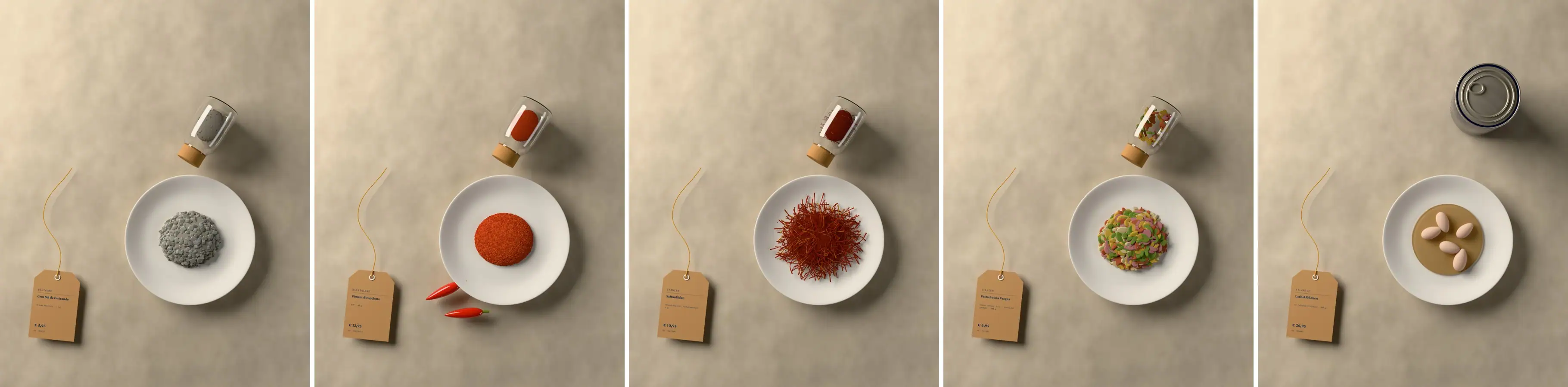 Five top-down table scenes on linen: grey salt, Espelette, saffron, Easter pasta and salmon dumplings, each with a kraft tag