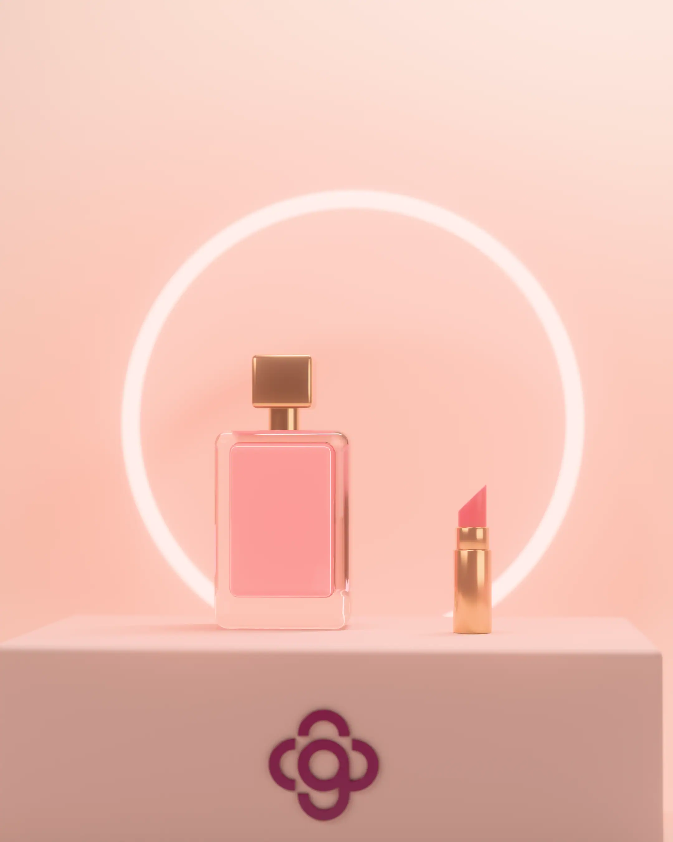 Glow Ring as a neon ring behind a perfume bottle and lipstick, GALERIA symbol on the plinth