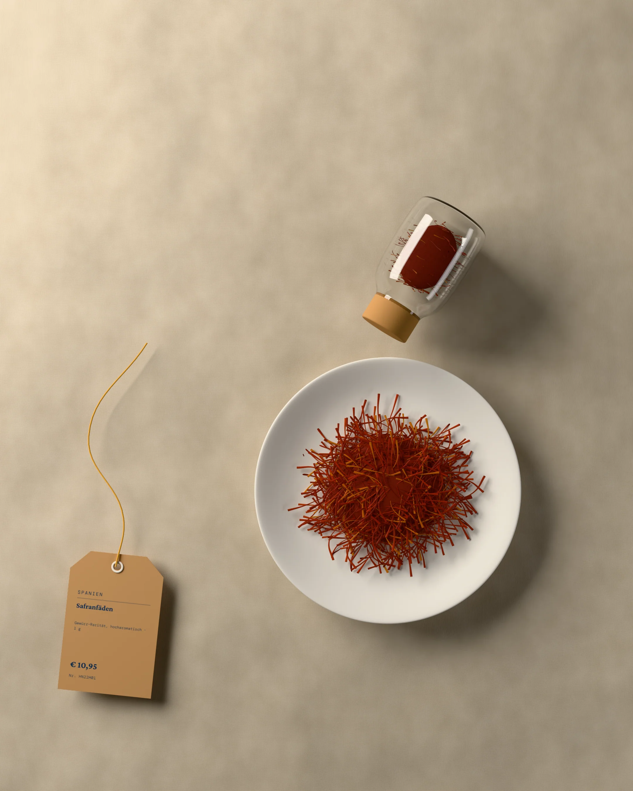 Spanien: saffron threads on a white plate, a glass jar and the kraft tag Safranfäden € 10,95
