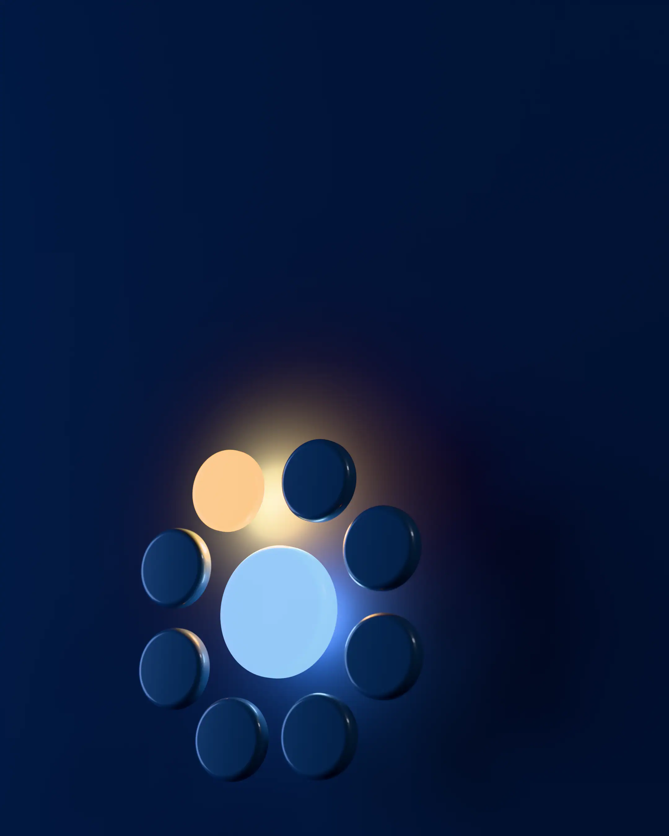 The baby-walz rosette as a wall clock at 20:00, the upper-left dot glowing amber, the centre dot pale blue