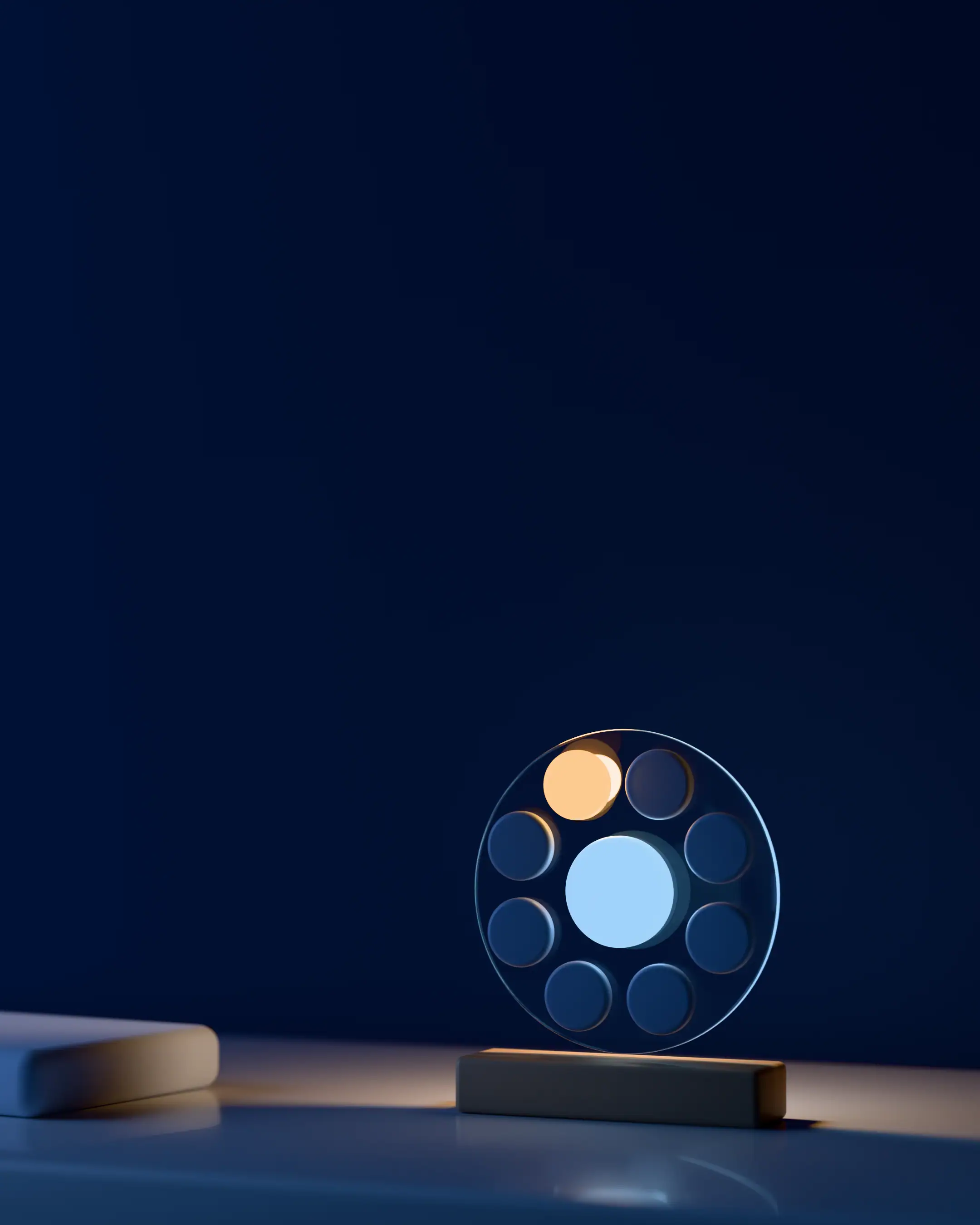 The rosette as a small night light on a white dresser at blue hour
