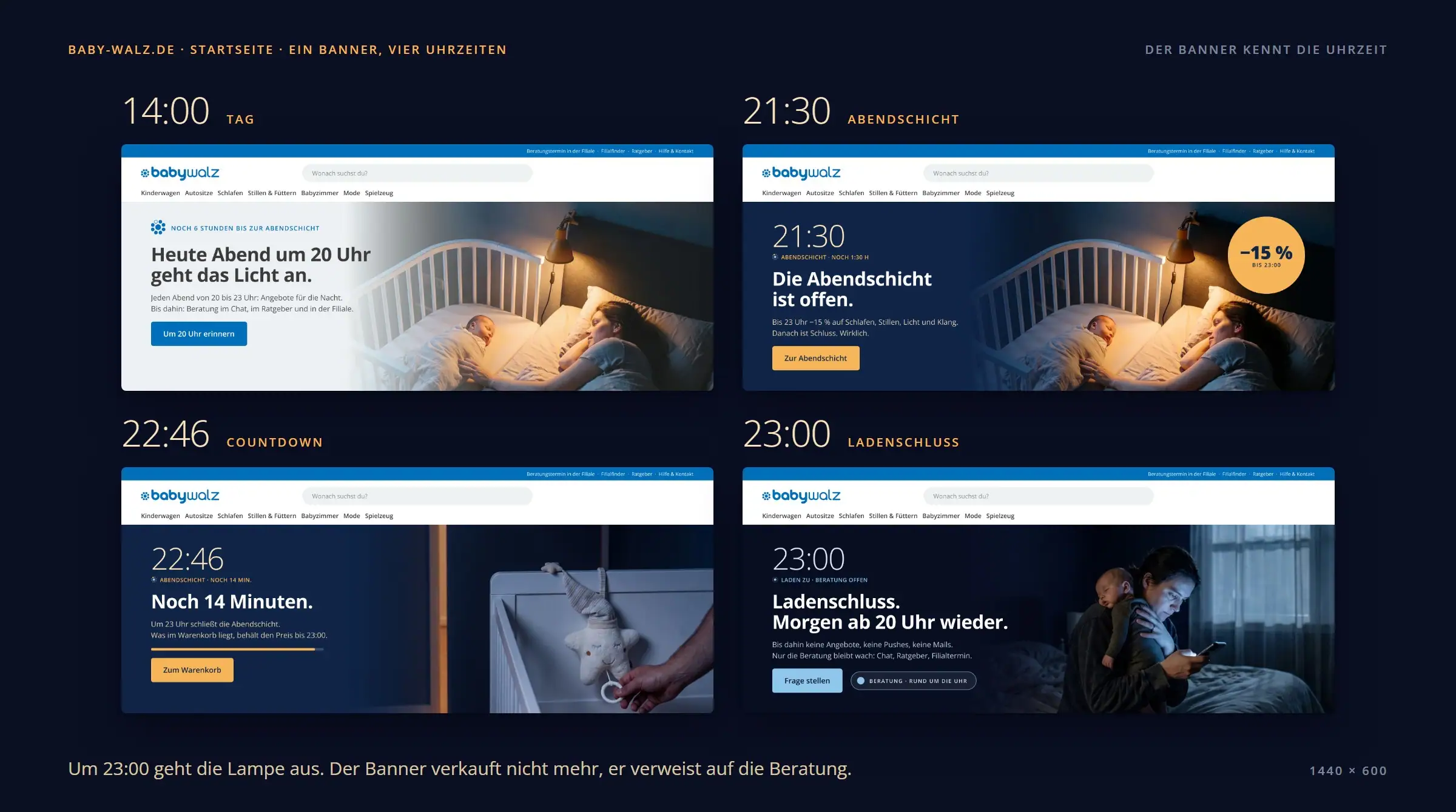 Homepage banner at 14:00, 21:30, 22:46 and 23:00