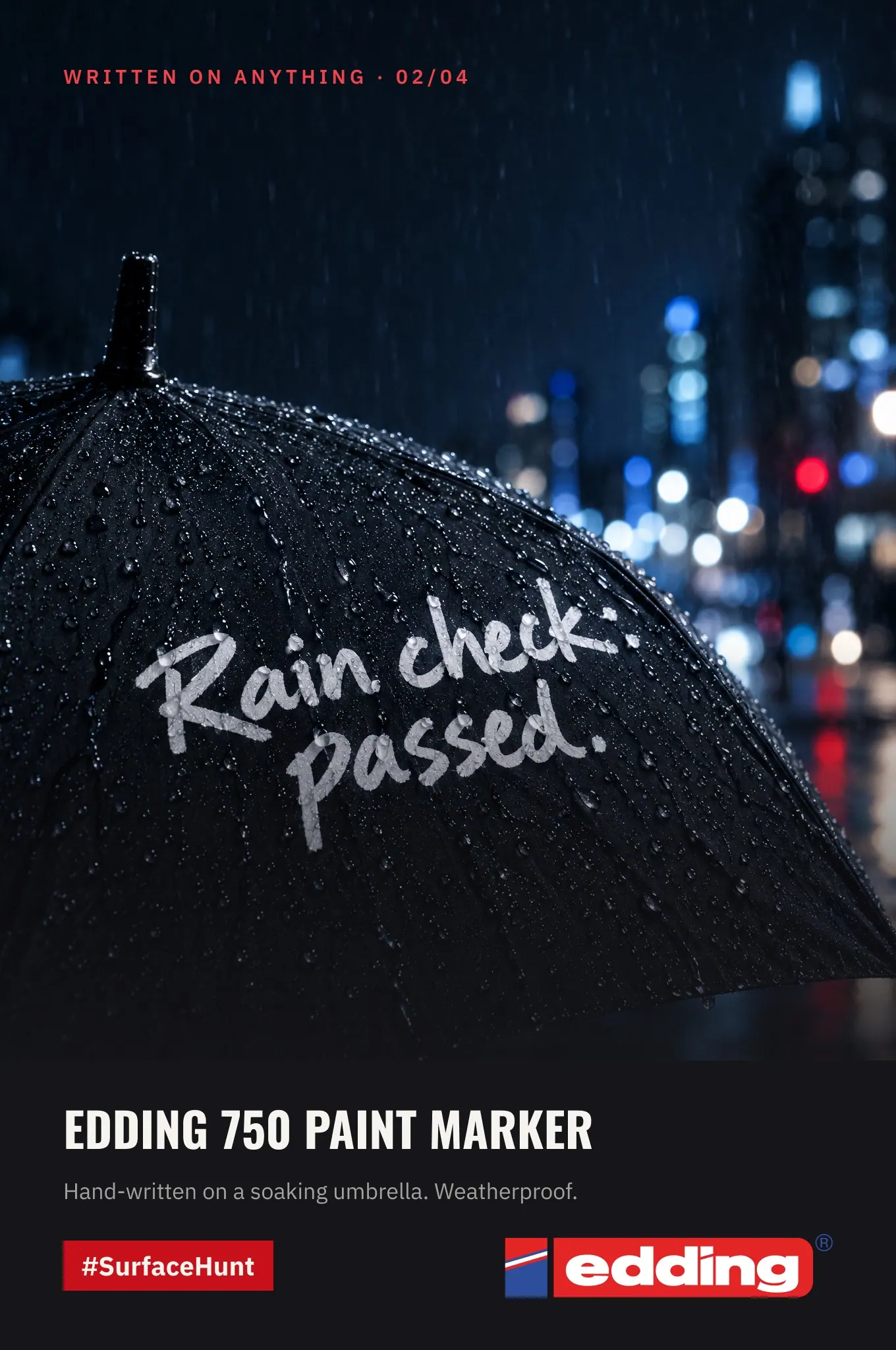 Poster hand-lettered on a wet umbrella
